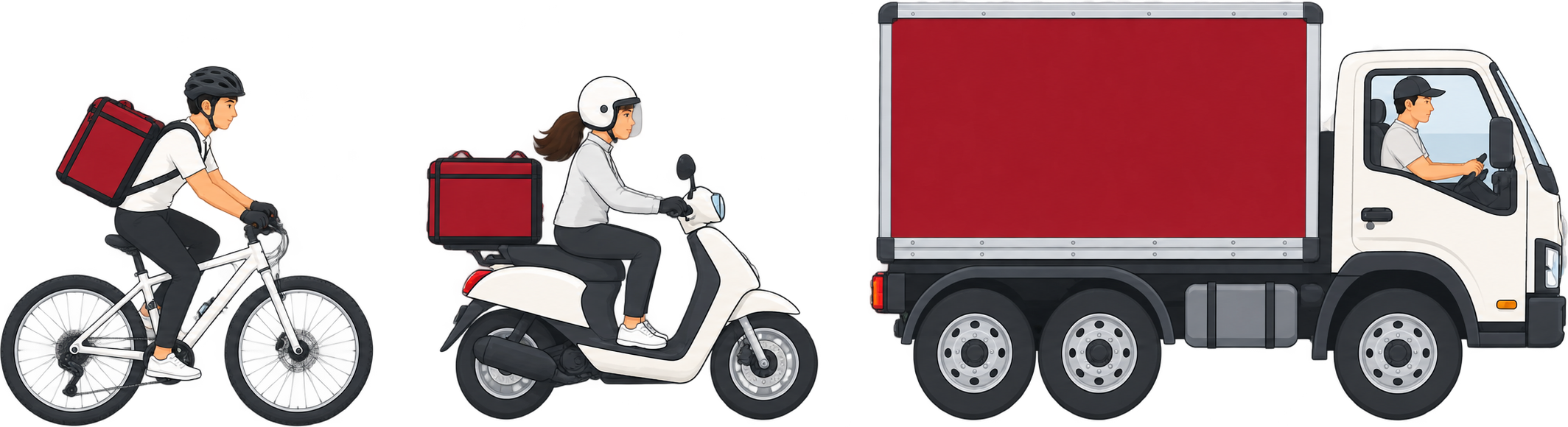 Creative Connect delivery fleet: bicycle courier, scooter rider and box truck